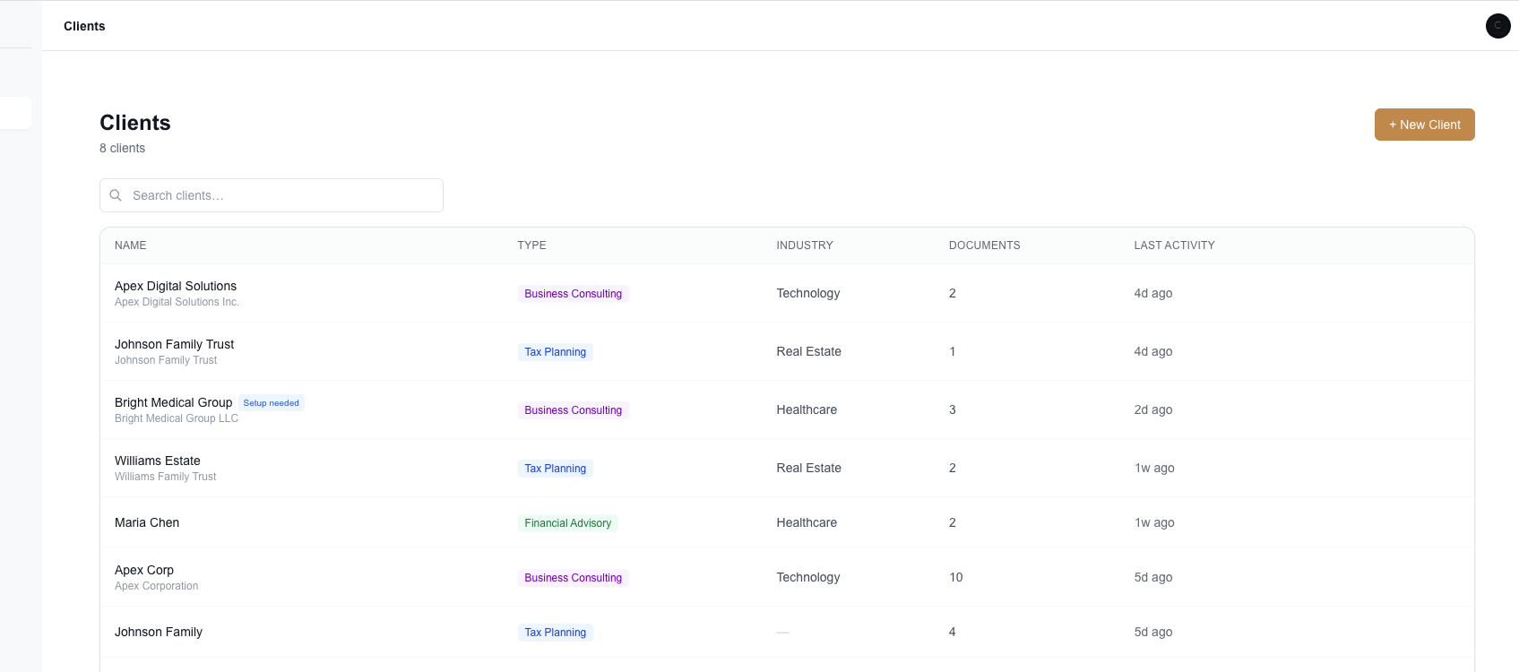 Callwen document intelligence interface showing organized client documents with AI chat